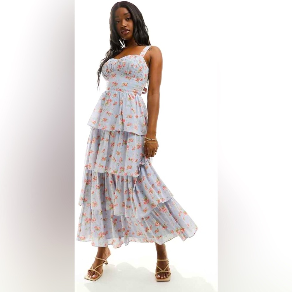 Abercrombie & Fitch Lace-Up Back Tiered Maxi Dress in Blue Floral